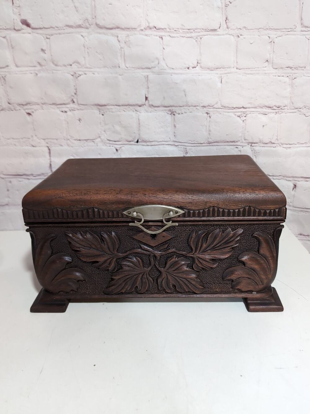 Antique Black Forest Hand Carved Wood Jewelry Box Vintage Acanthus Leaf Lattice
